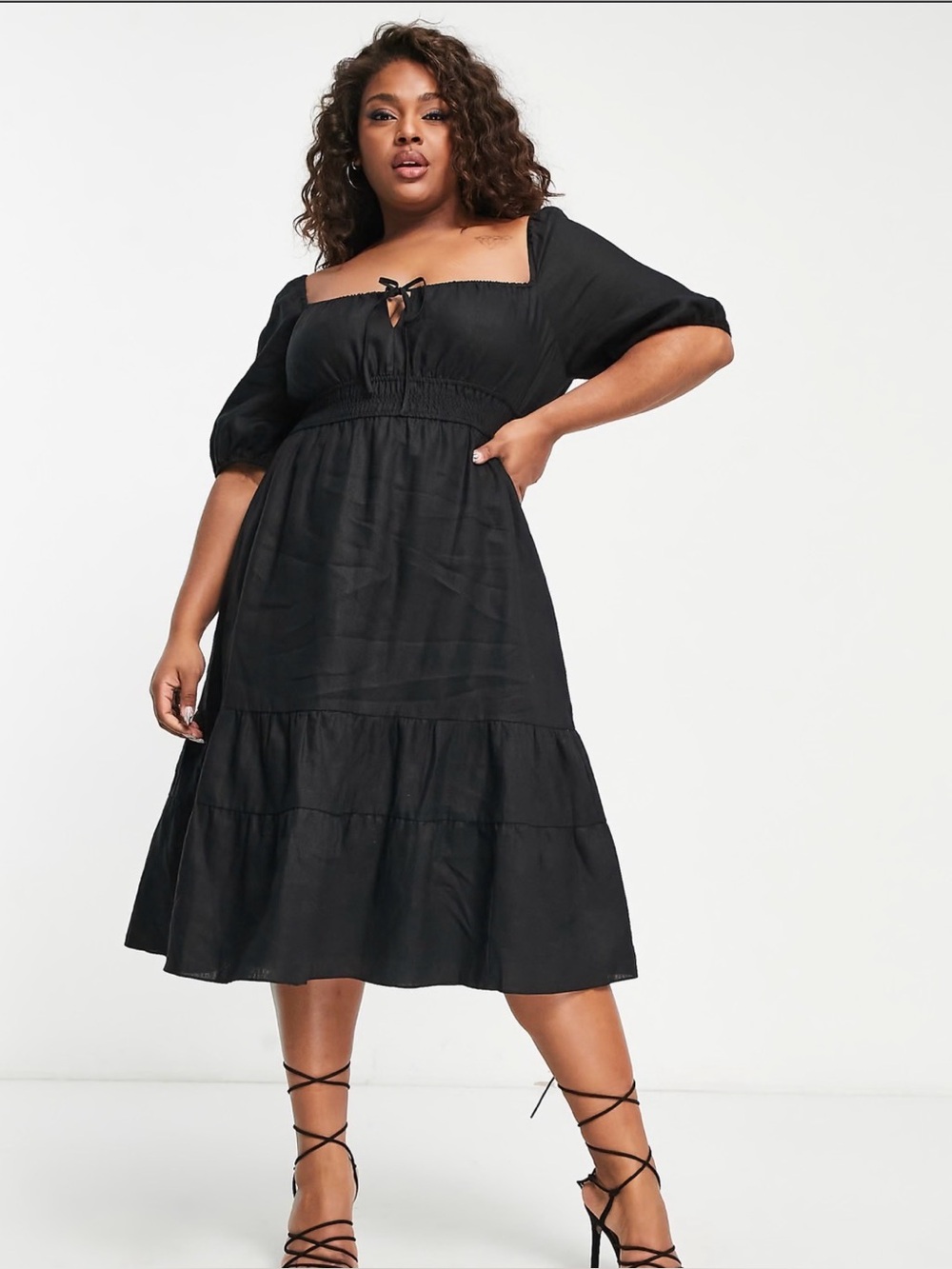 Forever New Curve puff sleeve tiered linen midi dress - Picture 1 of 7